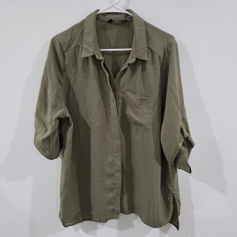 Womens Button Up Top Size‎ 14 Green Neutral Minimalist Utility Nature